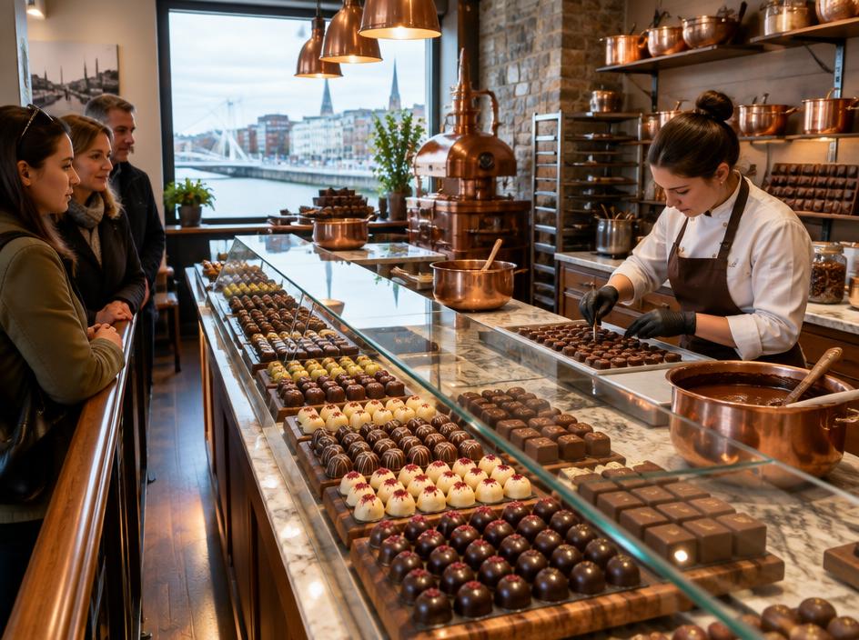 A bright chocolate factory tour counter with rows of handmade chocolates and copper pots.