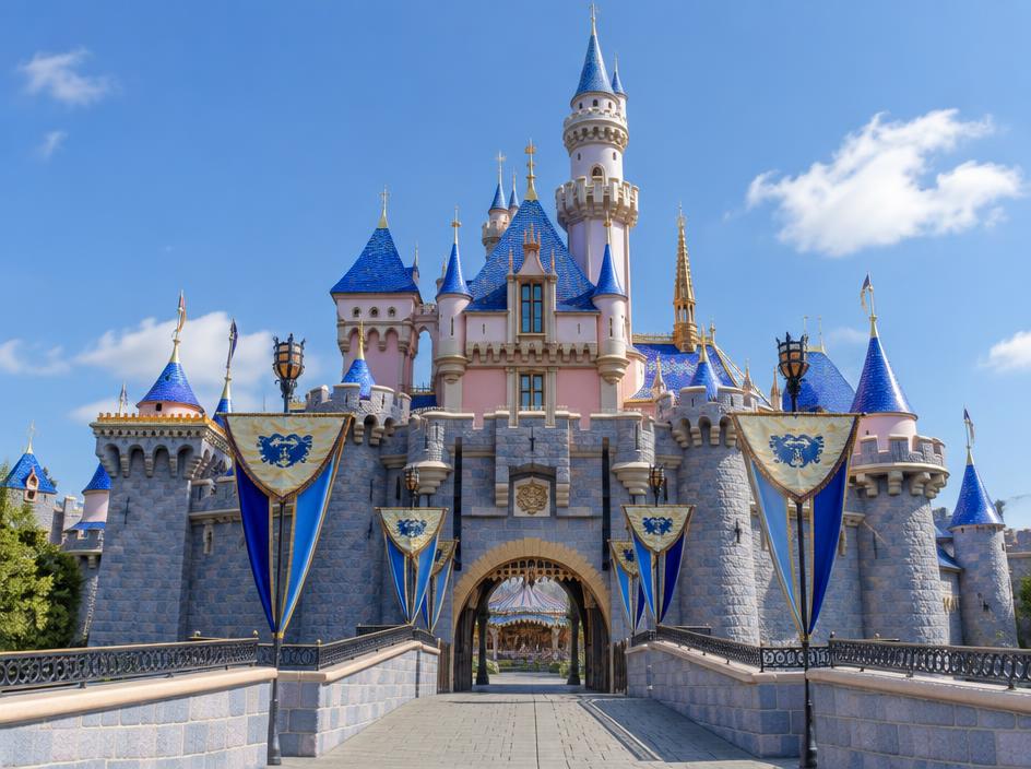 A fairytale theme park castle with blue roofs and turrets.