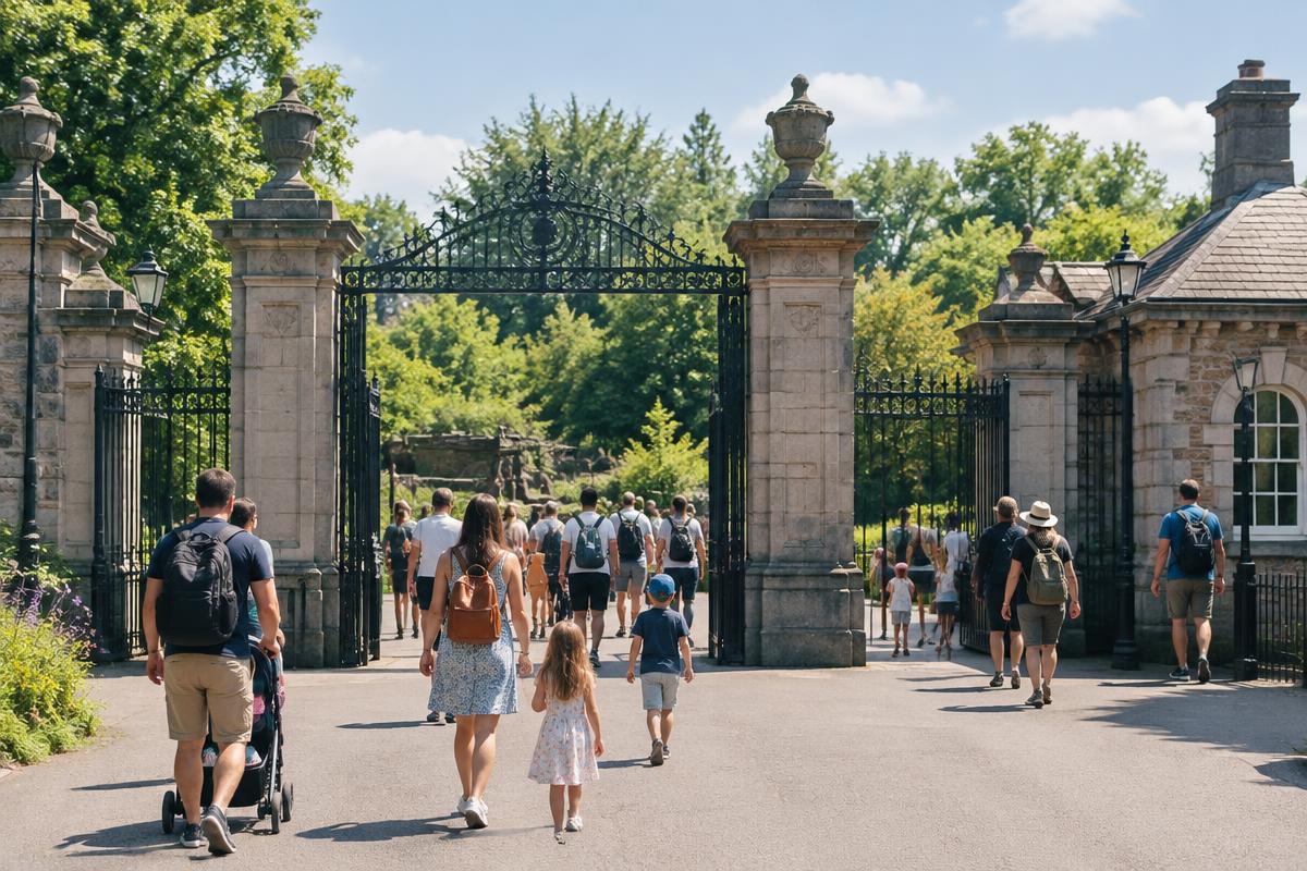 Families walking through a grand stone and iron gateway into Dublin Zoo on a bright day.