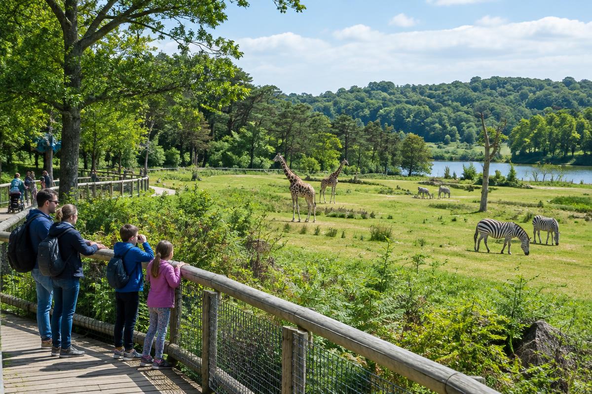 A family watching giraffes and zebras graze across open parkland at Fota Wildlife Park.