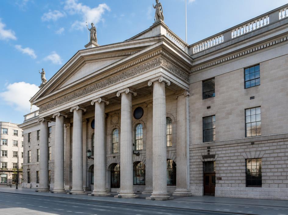 A grand stone Dublin building with tall columns and a portico.