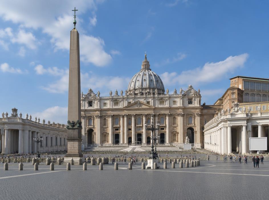 A great domed basilica behind a colonnaded square with an obelisk.