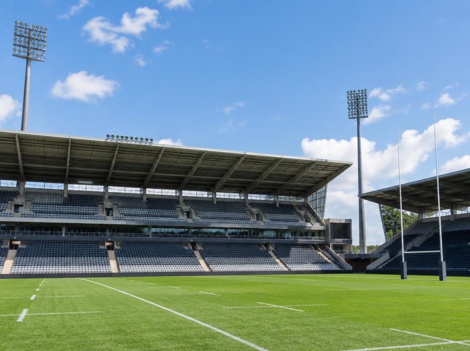 A rugby stadium pitch and stands under floodlights on a bright day.