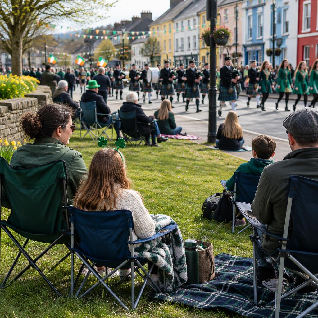 Families watching an Irish street parade from a calm viewing area.